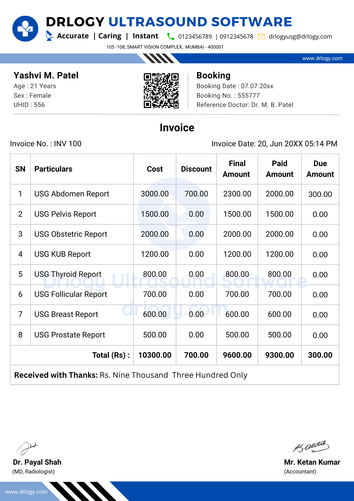 Sample ultrasound invoice bill format for radiology practices with report integration support - Drlogy