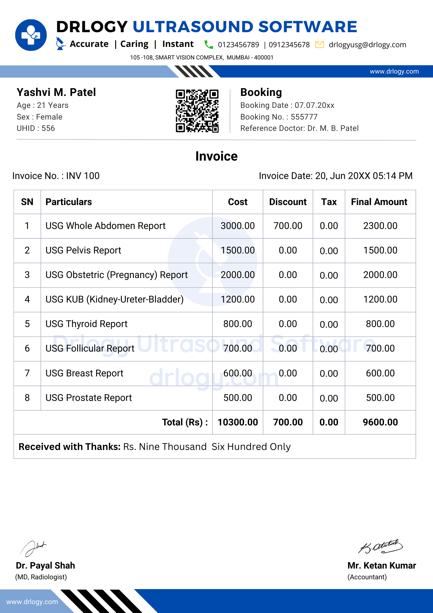 Ultrasound invoice format designed for seamless workflow within ultrasound reporting software - Drlogy