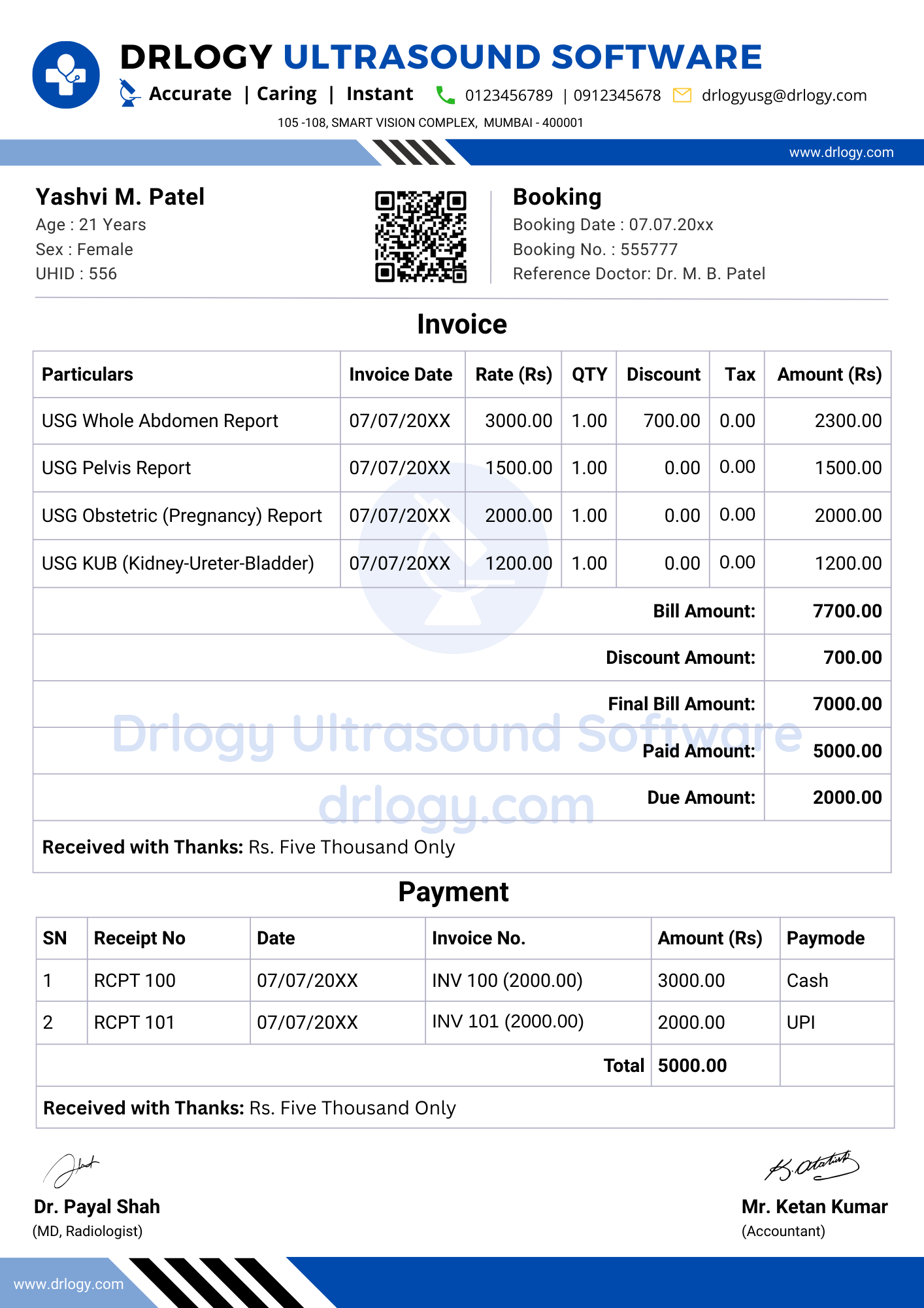 Printable ultrasound lab bill format aligned with lab reporting modules in ultrasound reporting software - Drlogy